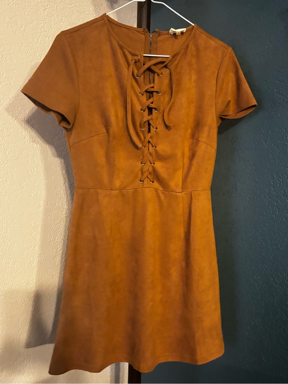 Peach Love California Faux Suede Lace-Up Mini Dress - Rust Brown